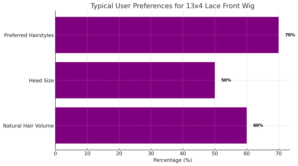 Here's the Bar Graph illustrating Typical User Preferences for a 13x4 Lace Front Wig:

Natural Hair Volume: 60%
Head Size: 50%
Preferred Hairstyles: 70%